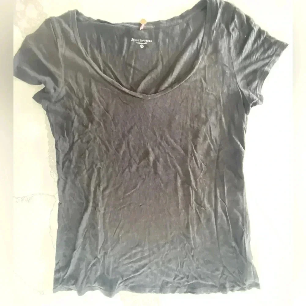 Juicy Couture Women’s Black Cotton Viscose SS Scoop V-Neck Tee‎ Shirt Small EUC